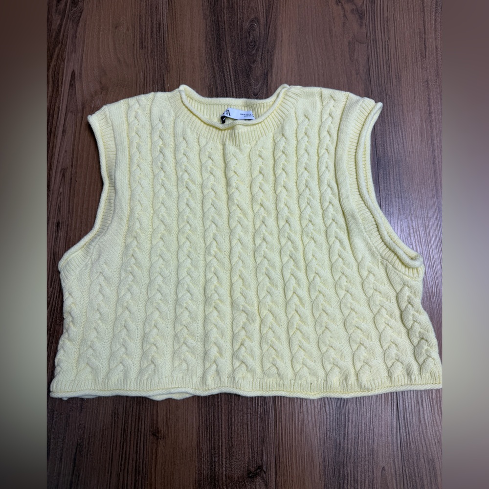 Zara Vest Cable Knit Yellow Fisherman Sweater Vest Tank‎ Top Fall Chunky Preppy